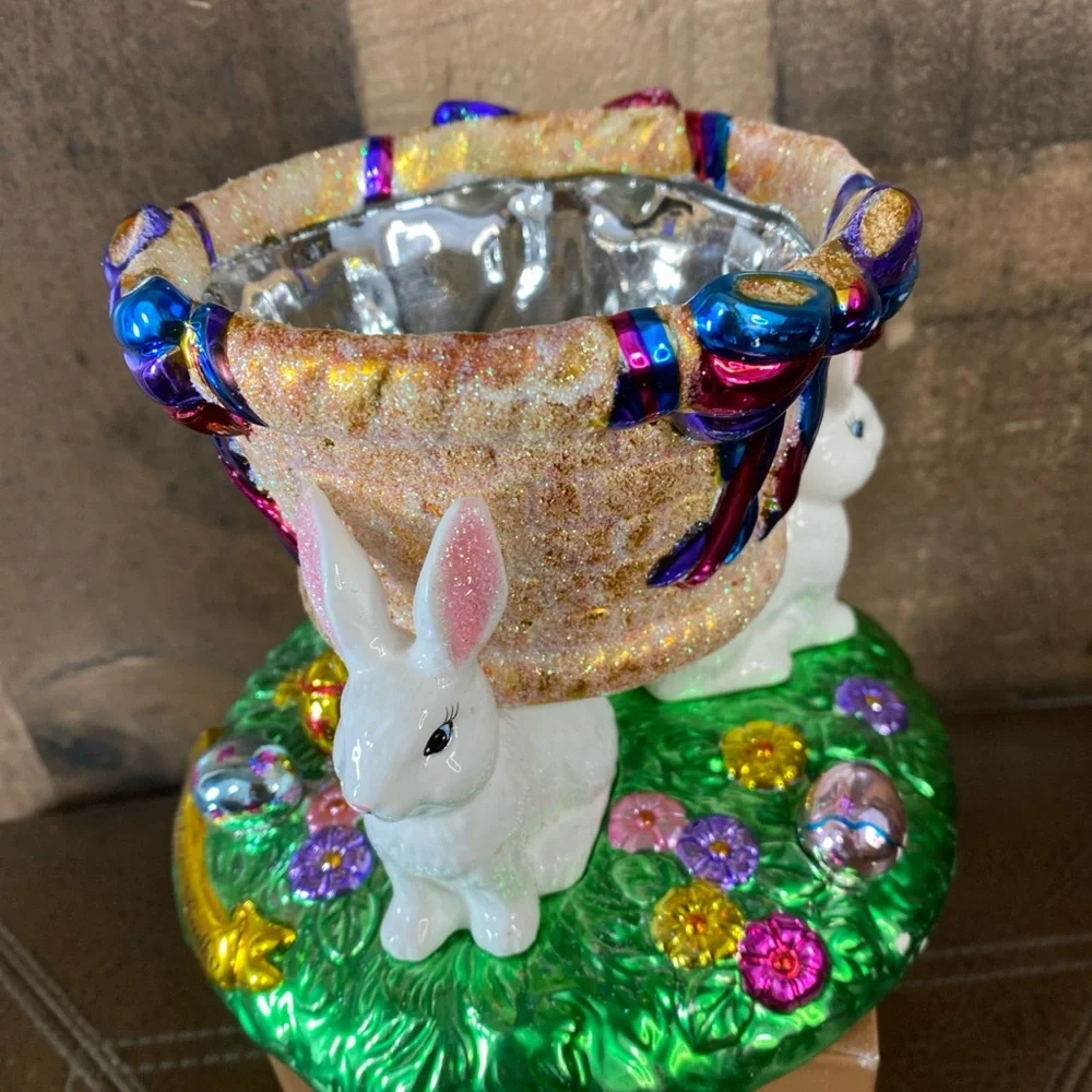 VINTAGE Christopher Radko Easter Bunny & Eggs Decorative Candy Dish 2004 Glitter